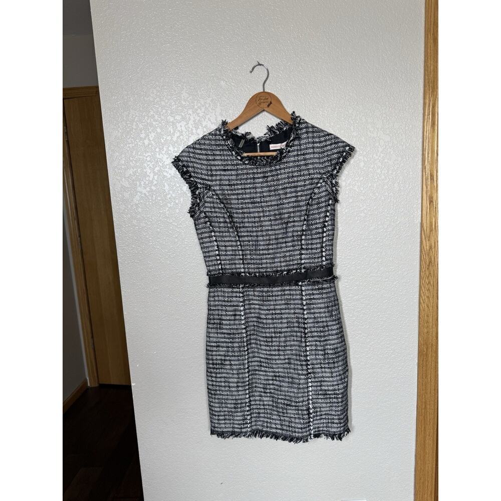 Rebecca Taylor Tweed Mini Dress Size 4 Leather Trim Black White Fringe